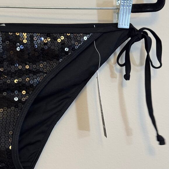 Kensie Two Piece Bikini Set L Black Sequins Halter Tie Straps Beach Summer NWT - Picture 12 of 16